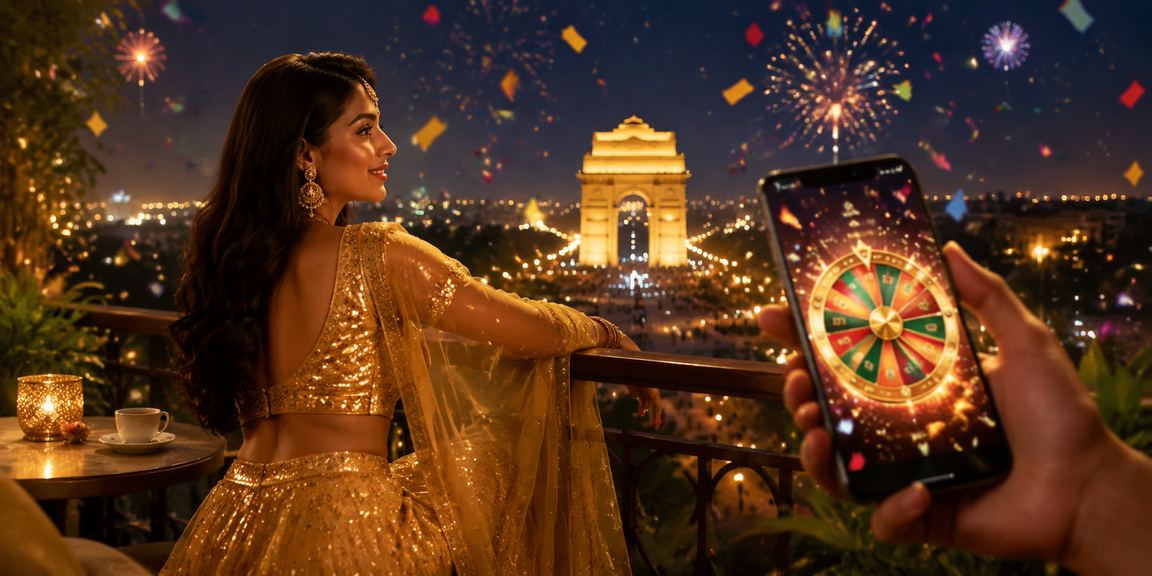 Night time view of India Gate with roulette table and traditional lehenga dress