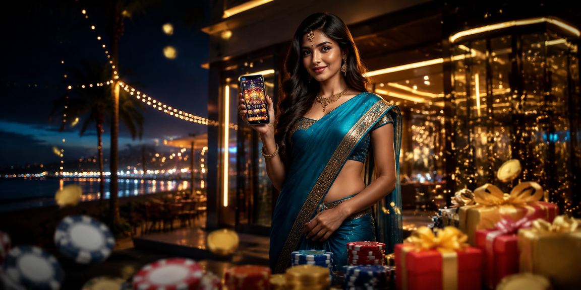Woman using casino app on mobile wearing traditional saree